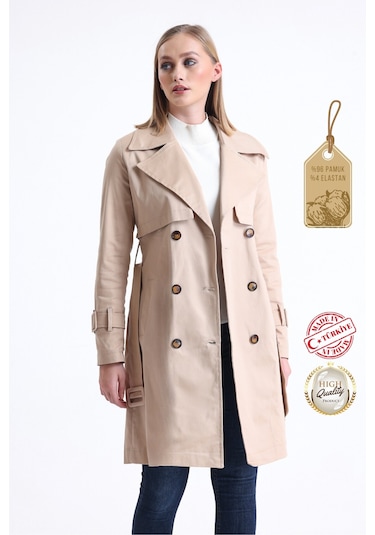 Pastelastore Esnek Pamuk Gabardin Midi 95cm Astarsız Kadın Trençkot 1118 Bej