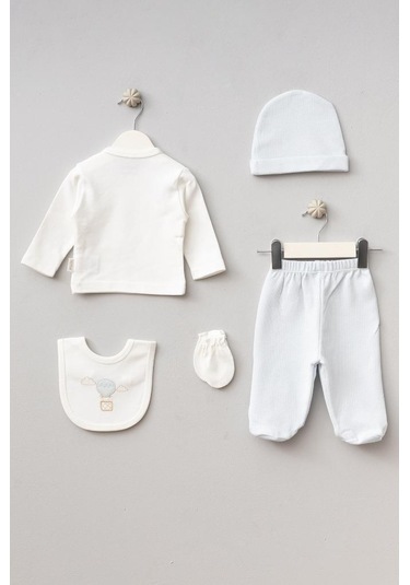 Bebitof %100 Pamuk Balonlu Tavşan Desenli 5 Parça Yenidoğan Hastane Çıkışı Zıbın Seti Bbtf.mv.20119.01 Mavi