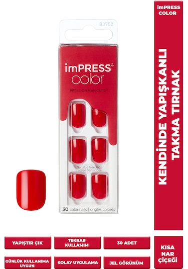 İmpress Color Kendinden Yapışkanlı Takma Tırnak Kısa Parlak Kırmızı