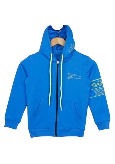 Erkek Çocuk Style Yazılı Kolu Desenli Kapüşonlu Mavi Hırka