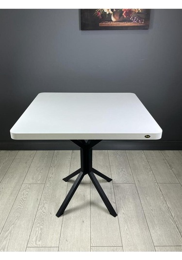 Roma Beyaz Mutfak Yemek Masası Balkon Masası Kavisli Köşe Metal Siyah Ayak 80 Cm