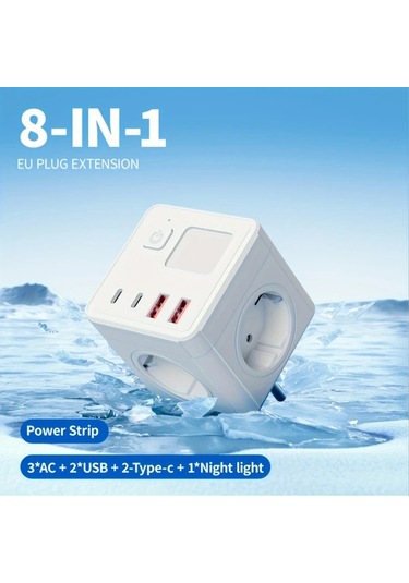 Motion003 8'li 1 Eu Güç Çubuğu Siyah 3 Usb 2 Tip-c Girişi Gece Işığı Kompakt Tasarım