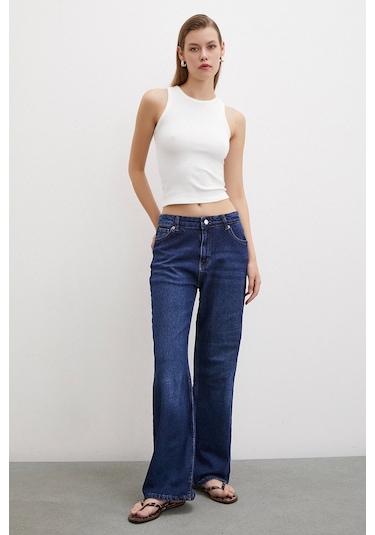 Never More Yüksel Bel Wide Leg Jean Lacivert Lacivert