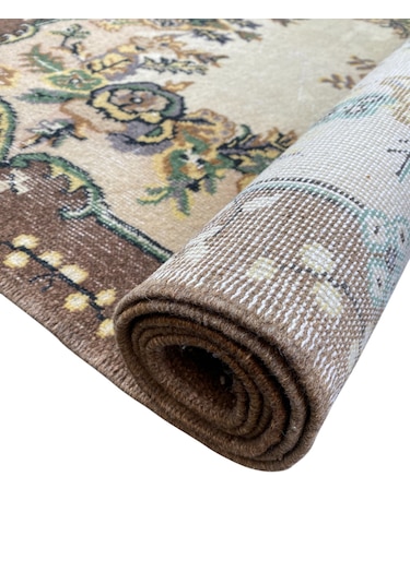 El Dokuma Retro Vintage Halı 117x215 Yün Eskitme Sıfır Halı Kahverengi