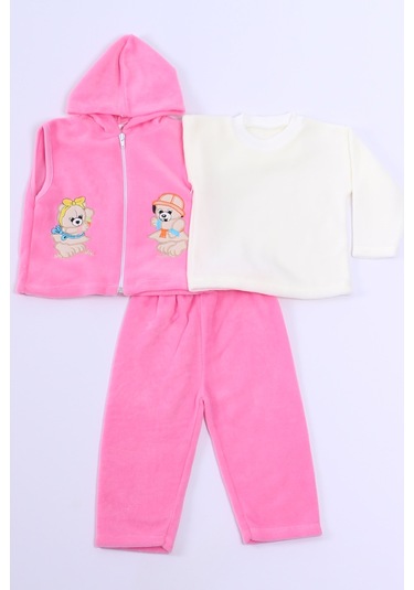 Bebek Polar 3lü Takım Kapşonlu Fermuarlı Nakışlı C23 Pembe