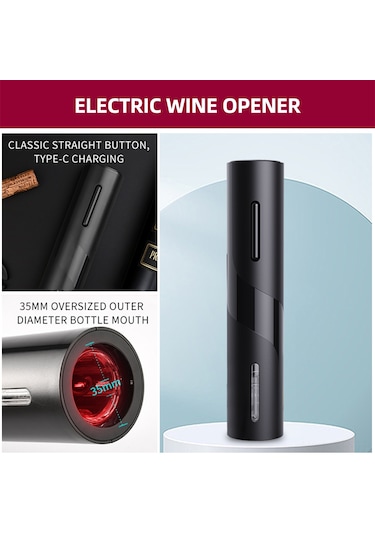 Xiyyadms "şarap Açacağı 4'lü Set: Usb Şarjlı Otomatik Şişe Açacağı, Dekantör, Vakumlu Tıpa Ve Folyo Kesici - Hediye" Siyah