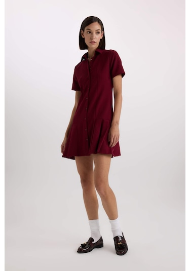 Defacto Polo Yaka Basic Düz Kısa Kollu Pileli Mini Elbise D4203AX24AUBR118