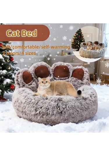 Gateesat Gri M 25.59inch Uzun Tüylü Yumuşak Sıcak Kedi Köpek Yatağı Kışlık Hediye