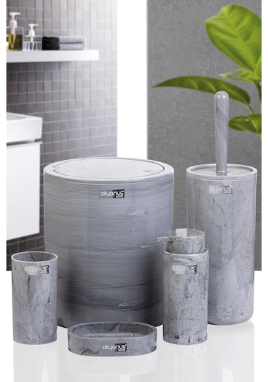 Okyanus Home Yuvarlak Mermer Desenli 5'Li Banyo Seti OKY-513 Gri