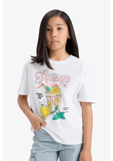 Defacto Kız Çocuk Relax Fit Bisiklet Yaka Baskılı Kısa Kollu Tişört E0389a825smwt34 Beyaz