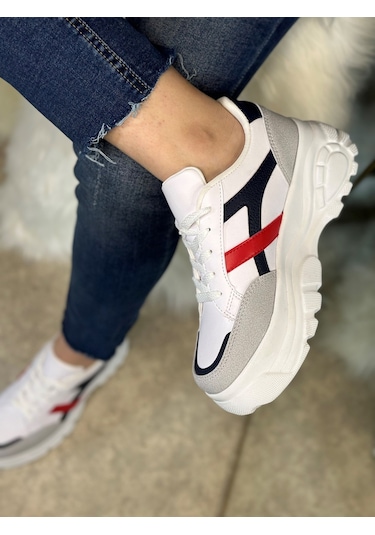 Günlük Kadın Sneaker Kalın Yüksek Taban Bağcıklı Rahat Tiger Şeritli Spor Ayakkabı 032 11-taş Laci Kırmızı