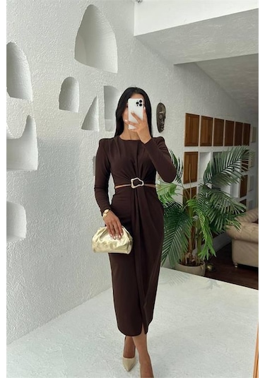 Neşeli Butik Kadın Bel Dekolteli Toka Detaylı Uzun Kollu Elbise Nbmy3655 Kahverengi