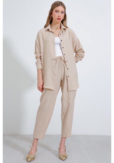 Kadın Bej Oversize Keten Alt Üst Takım 6622 6622bgd19-016-14414 001