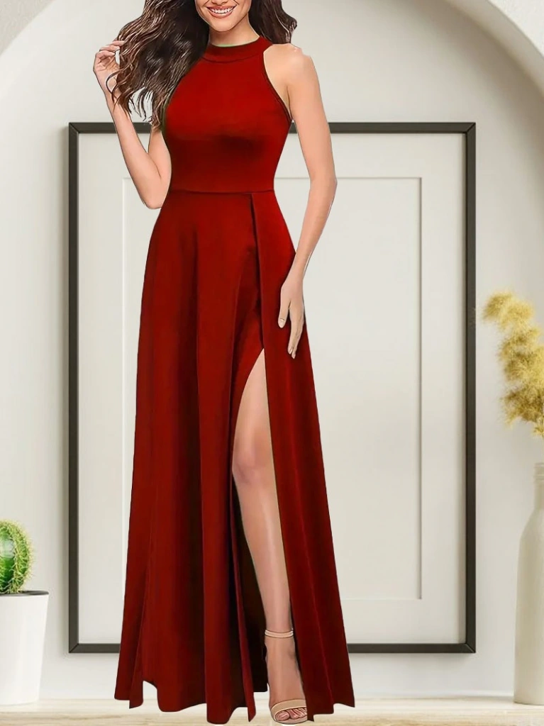 S-pazarım Kadınhalter Yaka Derin Yırtmaç Detaylı Tam Boy Ithal Krep Abiye Elbise Kırmızı