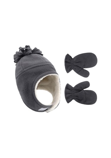Petityu Koyu Gri Polar Yumuşacık Sıcacık Çocuk Bere Eldiven Set Gri
