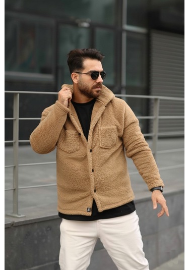 Sr Tekstil Pelüş Ceket Unisex Normal Kalıp Cep Detaylı Süt-kahve