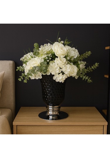 Siyah Dokulu Vazo Beyaz Gül & Ortanca Yapay Aranjman Salon
