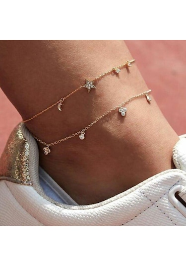 Brezza Lusso Jewelry Yıldızlı Kristal Taşlı Çift Bayan Ayak Halhal Pembe