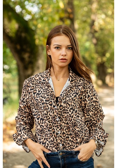 Verdeblanco Leopar Desenli Dijital Baskılı Uzun Kollu Relax Gömlek Leopar