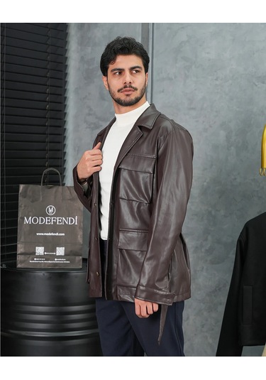 Modefendi Torba Cep Kemer Detaylı Deri Mont Kahverengi