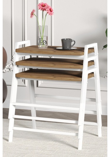 Zigon Sehpa , Aden 3'lü Tepsi Zigon Sehpa Takımı Beyaz Metal - Atlantik Çam Tabla Beyaz-atlantik Çam