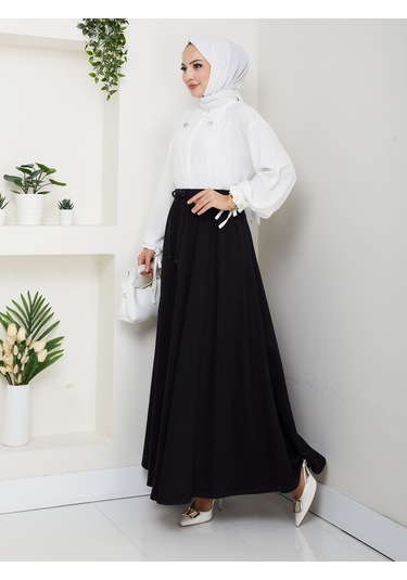 Beli Lastikli İpli Kot Kloş Etek Siyah Siyah