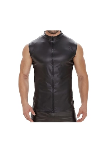 Deri Dik Yaka Sıfır Kollu Yelek Siyah