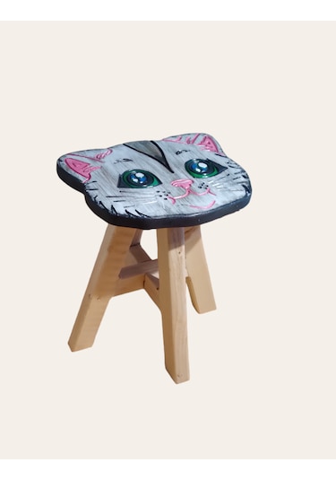 Sevimli Kedim Tamamı Ahşap El Yapımı Çocuk Taburesi