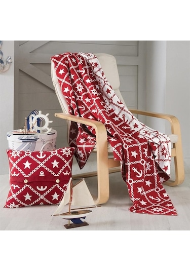 Marin Desen Triko Battaniye Koltuk Şalı Ve Kırlent Kılıfı Seti-130X170