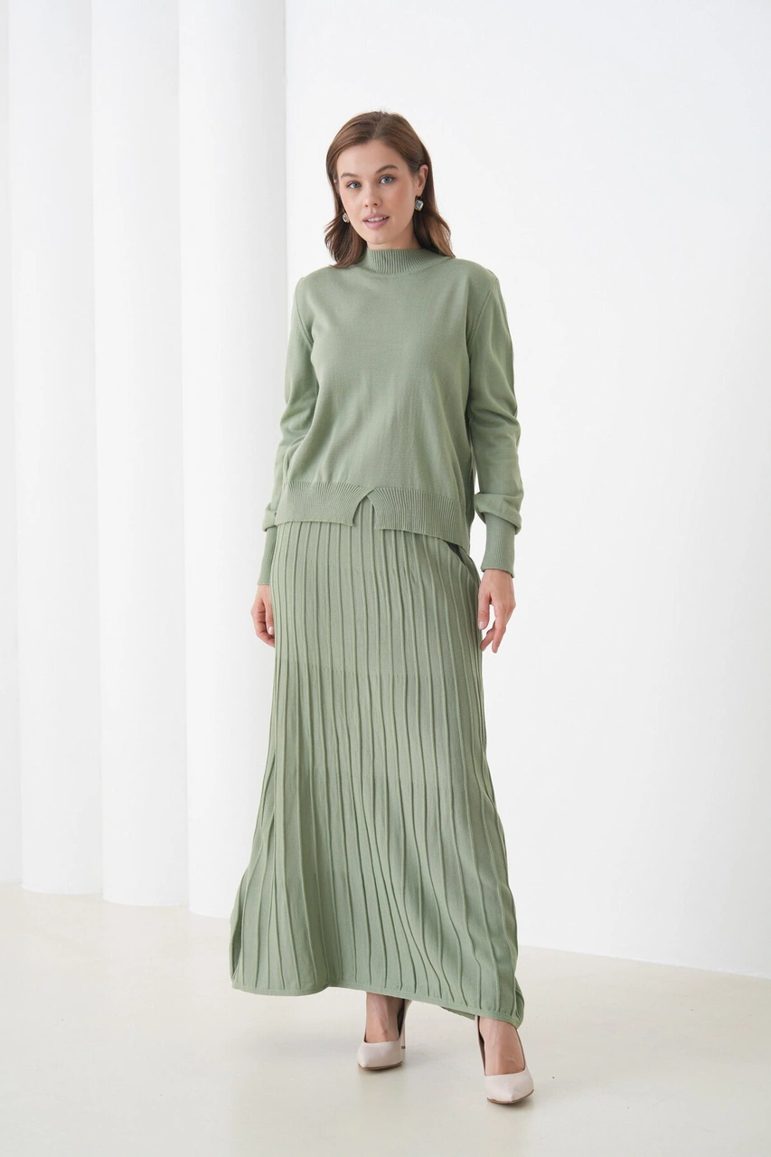 Kadın Pileli Etek Kazağı V Tasarım Tesettüre Uygun Örgü Triko Etek Kazak Takım Mint Yeşili