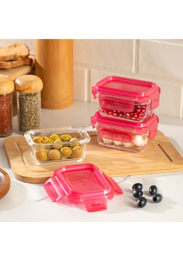 Porsima 4374 3lü Kilitli Sızdırmaz Kapaklı Yiyecek Erzak Saklama Kabı Seti - Cam Saklama Kabı - 150ml Pembe Pembe
