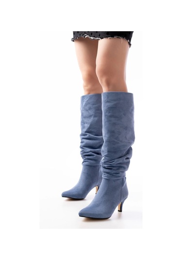 Sr-2001 Kot Mavi Süet İnce Topuklu Günlük Bayan Çizme Lacivert