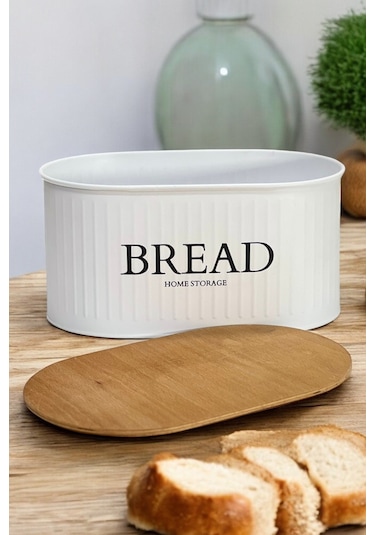 Ahşap Kapaklı Metal Ekmeklik Beyaz Modern Tasarım Beyaz