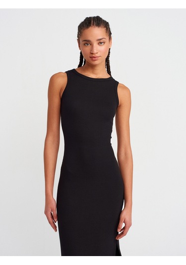 Dilvin 91381 Yırtmaç Detaylı Midi Boy Elbise-siyah Siyah