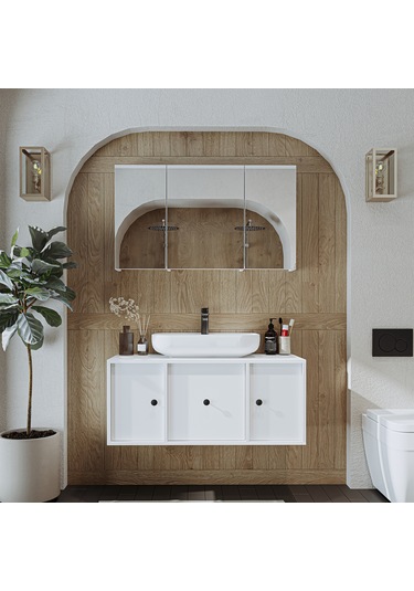 Lavabolu Mat Mdf 105 Cm Çekmeceli Banyo Dolabı + Aynalı Dolap Mat Beyaz