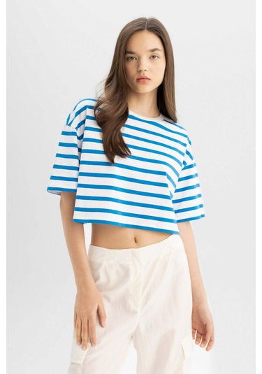 Defacto Coool Fitted Çizgili Kısa Kollu Tişört A9046AX24SMBE439 Mavi