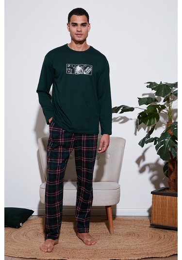 Buratti Ekoseli Pamuklu Regular Fit Yüksek Bel Bisiklet Yaka Erkek Pijama Takımı 6574000 Yeşil