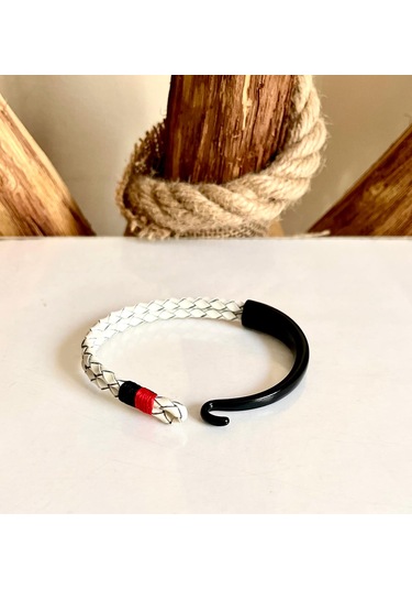 %100 Deri&krom Kombin Erkek Bileklik Net 22cm Türk El Üretimi Siyah - Beyaz