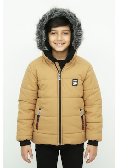 Erkek Çocuk İçi Peluş Astarlı-kürk Kapüşonlu-fermuarlı Mont 12369 Açık Kahve