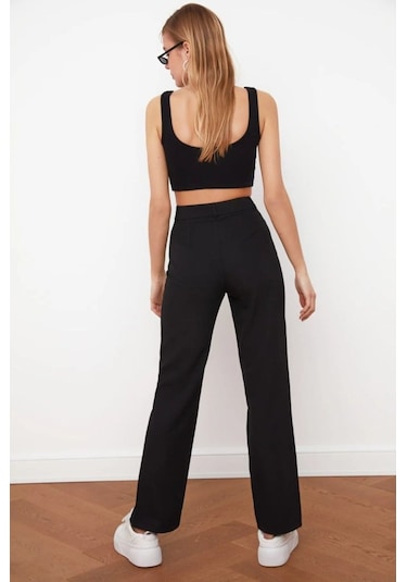 Modaserdem Kadın Yüksek Bel Nervurlu Ithal Krep Pantolon Siyah