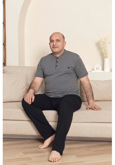 Erkek Geniş Kalıp %100 Pamuk Kısa Kol Cepli Büyük Beden Pijama Takımı Antrasit