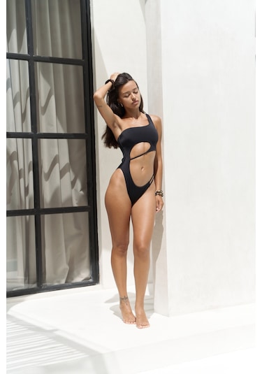 Donnalee Asimetrik Tek Omuz Siyah Mayokini Çok Renkli
