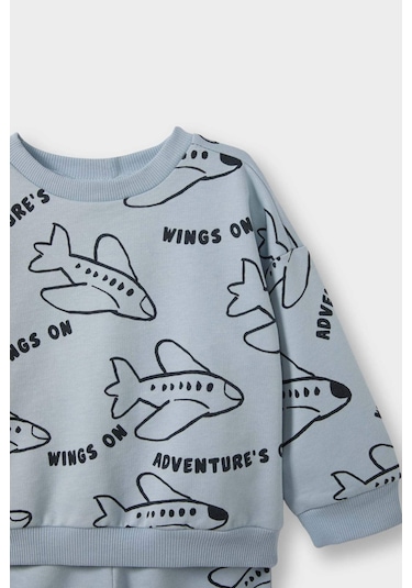 Defacto Erkek Bebek 2li Takım Baskılı Sweatshirt Eşofman Altı F0219a525aube523 Mavi