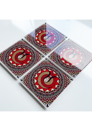 Cam Bardak Altlığı Modern Şahmeran 4'lü Takım Beyaz