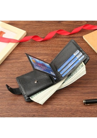 Createtech Erkek Kısa Cüzdan Deri Fermuar Siyah, Kaliteli Kart Horders Siyah