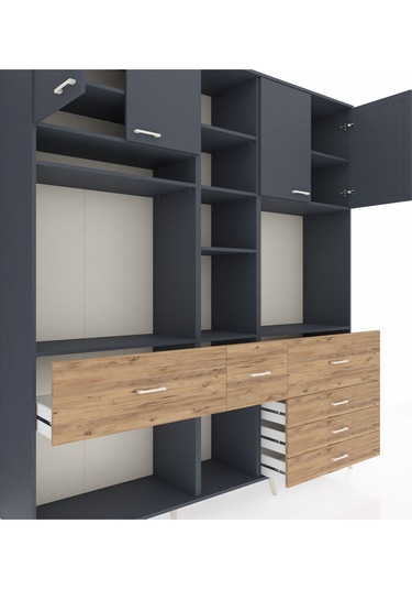 Hyperion Dolap 11 Raflı 6 Çekmeceli 4 Kapaklı 220x44x243 Antrasit-antrasit/çam Antrasıt/atlas Çam