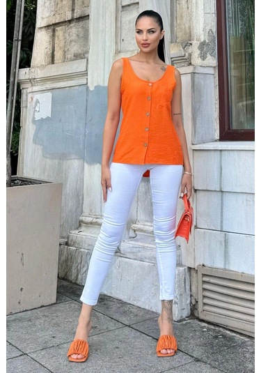 Kadın Turuncu Yuvarlak Yaka Ve Düğme Detaylı, Kalın Askılı Keten Atlet Bluz Turuncu