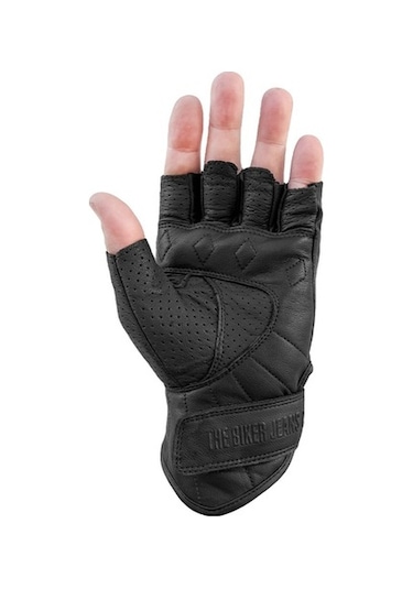 The Biker Jeans Fingerless Flx Leather Black Korumalı Motosiklet Deri Eldiveni
