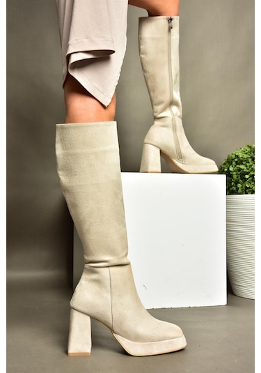 Fox Shoes R282230102 Bej Süet Kalın Topuklu Kadın Çizme Bej