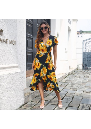 Gmxıa Kadın Moda Yaz Bahar Çiçek Baskı Kısa Kollu V Yaka Yüksek Bel Günlük Elbiseler Yeşil